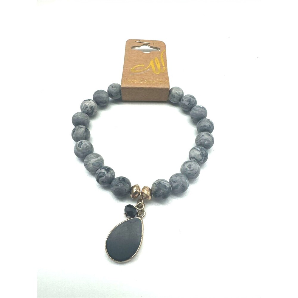 Beaded Goldstone Gray With Black Stone Bracelet Stretch